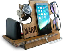 Cargar imagen en el visor de la galería, Personalized Gifts for Men, Cell Phone Stand, Wooden Desk Organizer, iPhone Dock - Nightstand Charging Station, Phone Holder, Gift Ideas for Christmas, Birthday, Anniversary (Teak)
