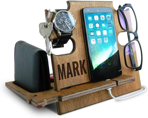 Personalized Gifts for Men, Cell Phone Stand, Wooden Desk Organizer, iPhone Dock - Nightstand Charging Station, Phone Holder, Gift Ideas for Christmas, Birthday, Anniversary (Teak)