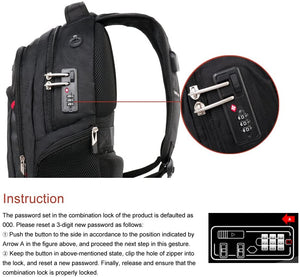 Cross Gear Backpack with USB Charging Port Laptop bag and Combination Lock- Fits Most 15.6 Inch Laptops and Tablets CR-9003BK-USB