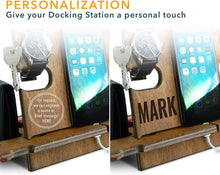 Cargar imagen en el visor de la galería, Personalized Gifts for Men, Cell Phone Stand, Wooden Desk Organizer, iPhone Dock - Nightstand Charging Station, Phone Holder, Gift Ideas for Christmas, Birthday, Anniversary (Teak)
