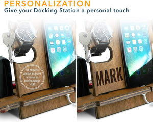 Personalized Gifts for Men, Cell Phone Stand, Wooden Desk Organizer, iPhone Dock - Nightstand Charging Station, Phone Holder, Gift Ideas for Christmas, Birthday, Anniversary (Teak)